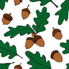 Seamless pattern with oak leaves, acorns. Vector autumn color texture isolated, hand drawn in doodle flat style. Concept of forest, leaf fall, nature, thanksgiving