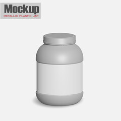 White metallic plastic jar with lid and label for protein, mass gainer, powder, pills. Photo-realistic packaging mockup template with sample design.  3d illustration.