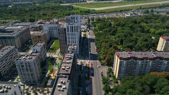 Drone aerial view modern building Residential complex Faina Town. Construction of residential premises. Kyiv capital of Ukraine