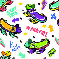 hand drawn cartoon pattern with skateboards .  For children's textiles, wrapping paper, prints
