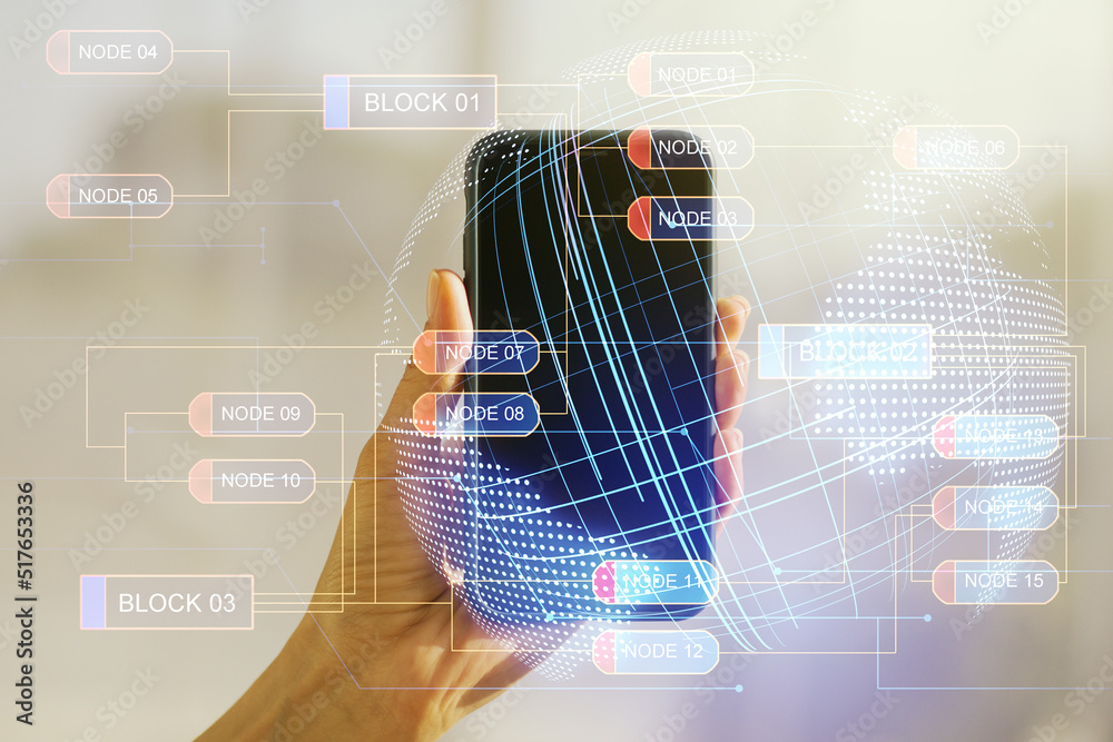 Poster double exposure of abstract creative programming illustration with world map and hand with cellphone