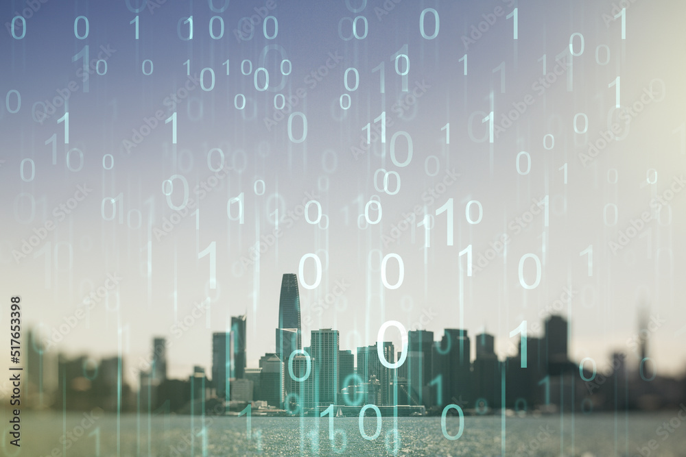 Aufkleber abstract virtual binary code hologram on san francisco cityscape background, ai and machine learning