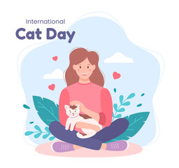 International Cat Day human, flat style. Happy girl holding her cat in her arms. Cute vector illustration, isolated on a white background. 