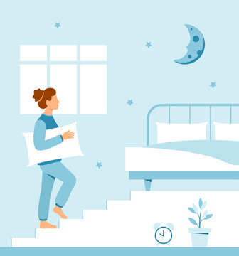 Healthy bedtime banner flat concept. A young girl walks up the stairs to her bed. Cute illustration on a blue background.