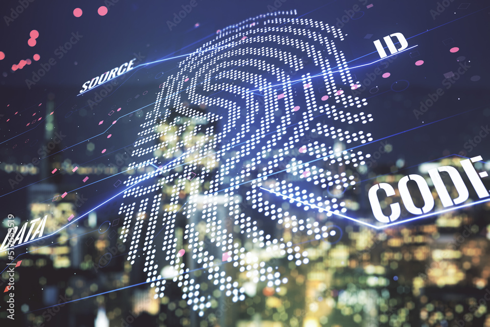 Aufkleber Multi exposure of virtual abstract fingerprint illustration on blurry skyline background, digital access concept