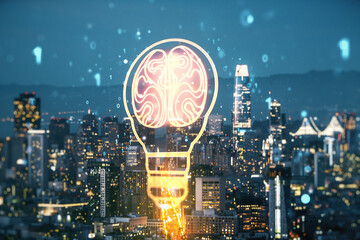 Abstract virtual idea concept with light bulb and human brain illustration on San Francisco skyline background. Neural networks and machine learning concept. Multiexposure