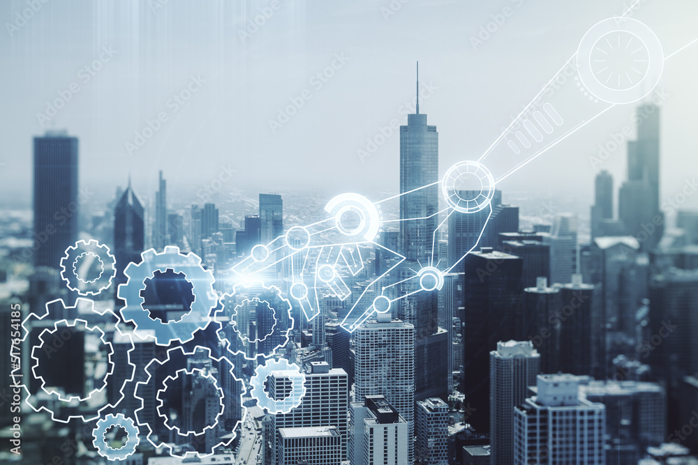 Aufkleber abstract virtual robotics technology sketch on chicago office buildings background, future technolog