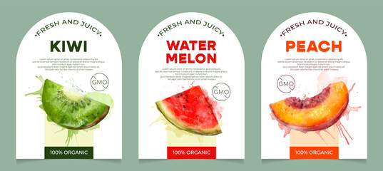 Set of 3 labels, packaging of fresh and juicy fruits. Natural organic product, gmo free. Text with watercolor realistic fruits on white base. Template for your product.