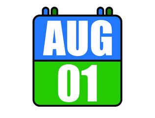 1 August calendar. Blue and green calendar page for August days. Vector isolated on white background.