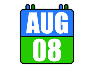 8 August calendar. Blue and green calendar page for August days. Vector isolated on white background.