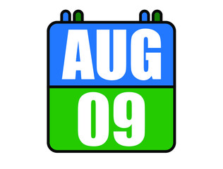 9 August calendar. Blue and green calendar page for August days. Vector isolated on white background.