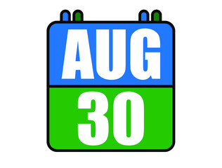 30 August calendar. Blue and green calendar page for August days. Vector isolated on white background.