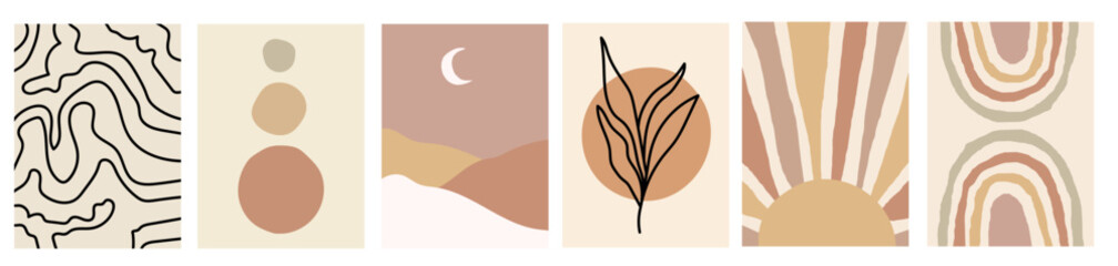 Collection of modern simple abstractions in boho style: landscape with moon, sun, silhouettes of plants with geometric shapes (circles) on a colored background © Soap Dish