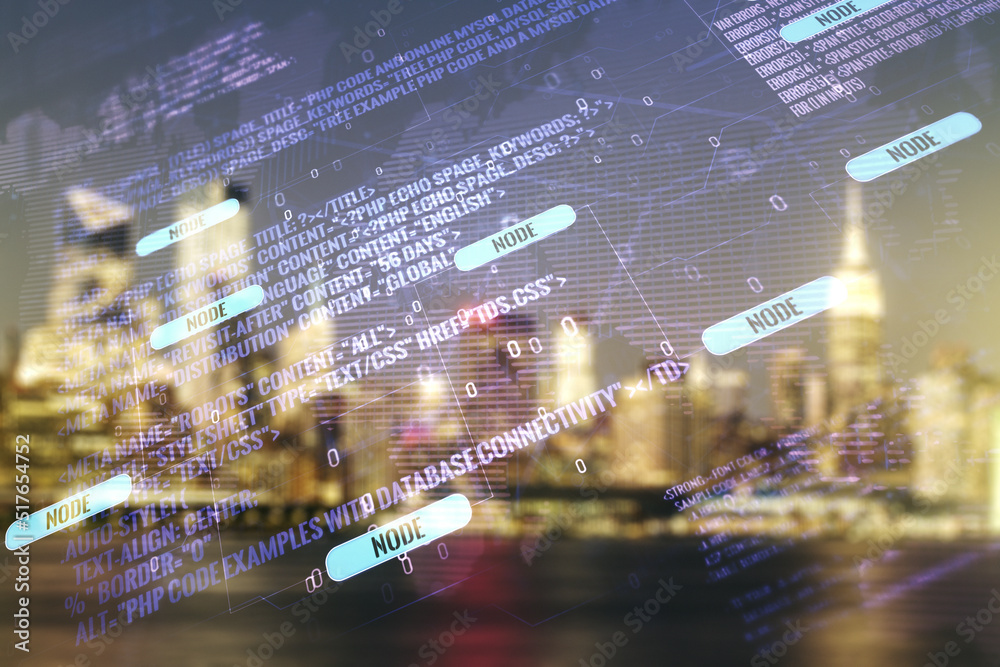 Aufkleber double exposure of abstract creative programming illustration and world map on blurry office buildin