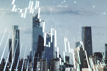 Multi exposure of virtual abstract financial diagram on Manhattan office buildings background,...