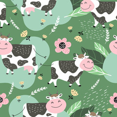 Cows and flowers. Seamless pattern. Vector illustration.