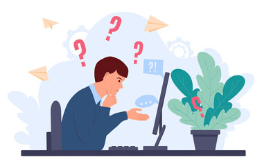 Thoughtful guy sits leaning towards the monitor. A man works at a computer. Paper airplanes are flying in the background and question marks are hanging. Vector illustration in flat style