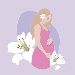 A pregnant beautiful woman with blond hair in a pink dress hugs her pregnant belly against the background of white lilies. Happy pregnancy. Vector illustration. 