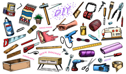 DIY icons. Hardware Shop concept. Glue, wood planks, sewing machine. Tools or instruments for home renovation. Banner poster template. Do it yourself. Engraved doodle vintage sketch hand drawn. 
