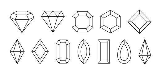 Set of simple geometric gem stones. Jewelry crystals shapes in linear style. Vector illustration. - obrazy, fototapety, plakaty