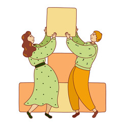 Woman and man connecting cube pieces. Adorable happy romantic couple create together. Flat cartoon colorful vector illustration.