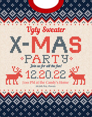 Ugly sweater Christmas party invite. Knitted background pattern scandinavian ornaments.