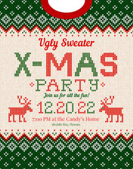 Ugly sweater Christmas party invite. Knitted background pattern scandinavian ornaments.