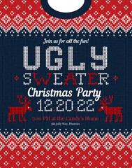 Ugly sweater Christmas party invite. Knitted background pattern scandinavian ornaments.
