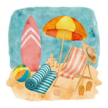 Watercolor summer beach illustration. Hand drawn beach umbrella, chair and surfboard with sand and water background isolated on white. Sea vacation scene. Resort relax concept