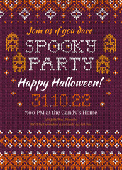 Handmade knitted background Halloween Party Invite with scandinavian ornament. White, orange, purple colors. Flat style