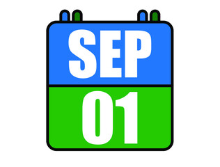 1 September calendar. Blue and green calendar page for September days. Vector isolated on white background.