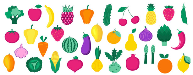 Set of organic fruits, vegetables and berries.