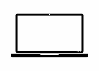 Opened laptop ready to go. Remote work and training. Black and white laptop icon. Storage of virtual information and its exchange. Flat graphics in geometric style.