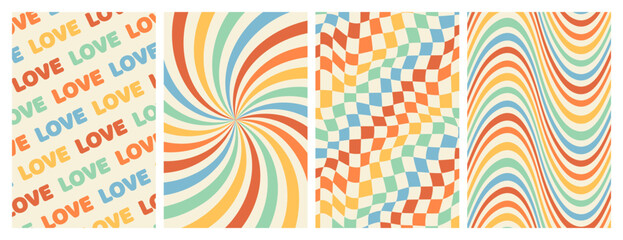 Groovy rainbow backgrounds. Checkerboard, chessboard, mesh, waves, swirl, twirl pattern. Twisted and distorted vector texture in trendy retro psychedelic style. Hippie 70s aesthetic. - obrazy, fototapety, plakaty