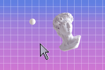 Vaporwave and synthwave minimal concept David statue head and collage with mouse cursor and circle...