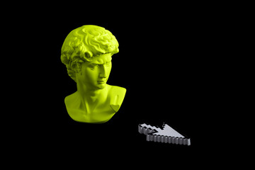 Green surreal head of David statue and mouse cursor on black background. Minimal trend vaporwave...