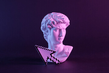 Futuristic statue of Michelangelo's David pop head and pixelated mouse cursor as minimal vaporwave concept. - obrazy, fototapety, plakaty