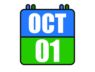 1 October calendar. Blue and green calendar page for October days. Vector isolated on white background.