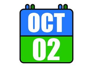 2 October calendar. Blue and green calendar page for October days. Vector isolated on white background.