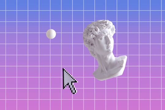 Vaporwave and synthwave minimal concept David statue head and collage with mouse cursor and circle on purple background.