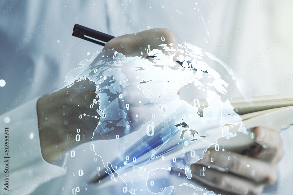 Poster double exposure of abstract programming language with world map and man hand writing in notebook on 
