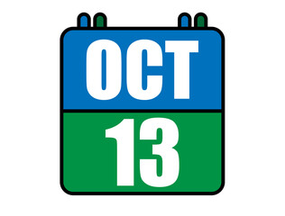 13 October calendar. Blue and green calendar page for October days. Vector isolated on white background.