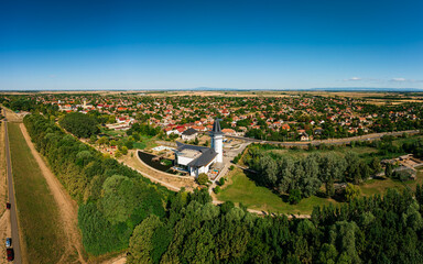 Turistical eco center of lake Tisza in Poroszlo city Hungary.  Hight quality aerial view with Poroszlo cityscape. The visitors can get to know Tisza lake's wildlife. Hungarian name is Tisza to