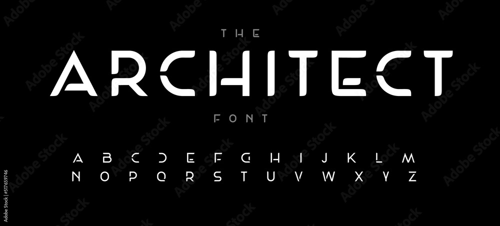 Poster Bold futuristic font alphabet letters. Modern typography. Minimal architecture typographic design. Future letter set for architect logo, space style headline, monogram type. Isolated vector typeset