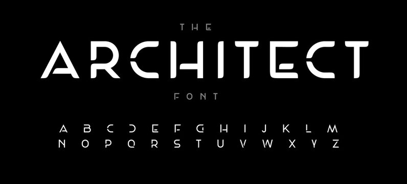 Bold futuristic font alphabet letters. Modern typography. Minimal architecture typographic design. Future letter set for architect logo, space style headline, monogram type. Isolated vector typeset