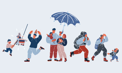 Vector illustration of family. Family goes camping, the husband holds an umbrella, the father and son play pinata