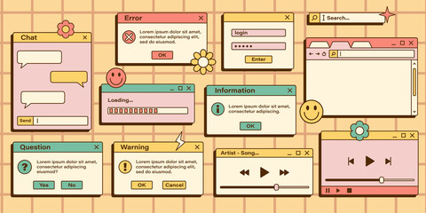 Vector set of retro vaporwave computer interface. Vintage browser and dialog window templates. Vector illustration of nostalgic UI and UX. - obrazy, fototapety, plakaty