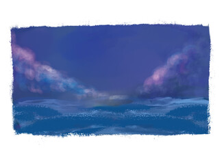 Obraz na płótnie Canvas Seascape with Purple clouds, blue purple sky and blue ocean in digital painting illustration