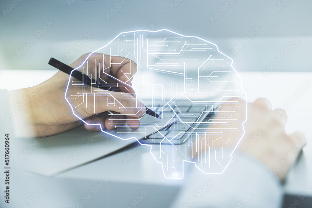 Poster Double exposure of creative human brain microcircuit with hand writing in notepad on background with laptop. Future technology and AI concept