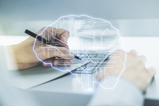 Double exposure of creative human brain microcircuit with hand writing in notepad on background with laptop. Future technology and AI concept